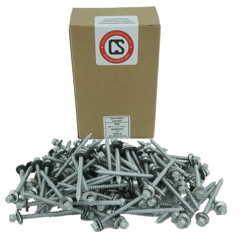Chenango Supply #9 x 2-1/2"" Hex Washer Head Metal Roof Screw. Multiple Sizes. Self starting/tapping metal to wood,sheet metal roofing/siding screws with EPDM washer seal. for corrugated roofing.(#9x2-1/2"") - Image 2